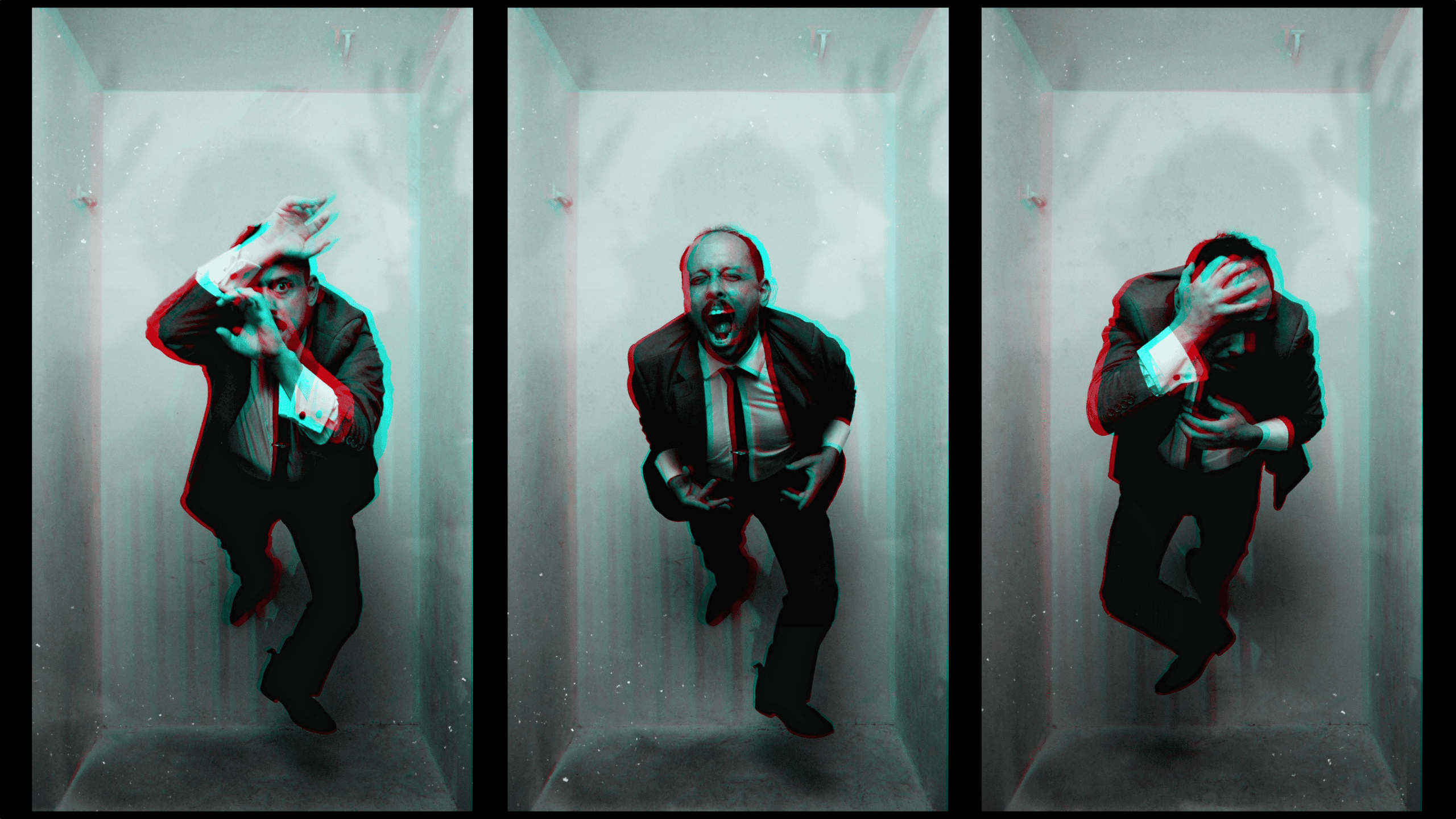 Triptych of a person in a suit inside a small, stark box, expressing distress with hands on head, shouting, and crouching, tinted with blue and red effects for a dramatic, intense mood.