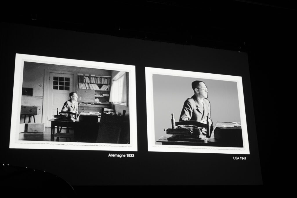 Two black and white photos side by side show the same man at a desk: left labeled “Allemagne 1933,” right labeled “USA 1947.” The backgrounds and desks are different in each photo.