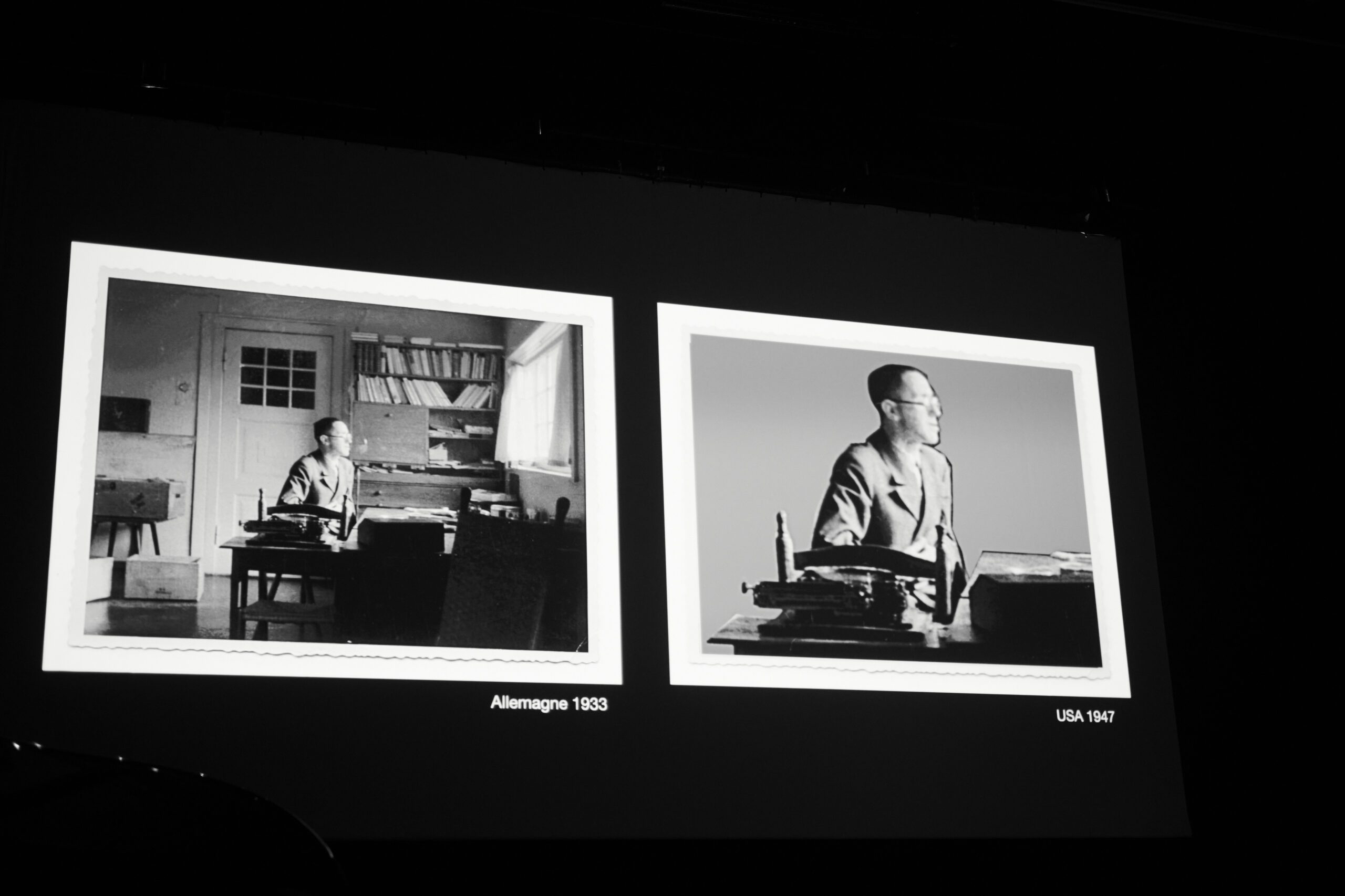 Two black and white photos side by side show the same man at a desk: left labeled “Allemagne 1933,” right labeled “USA 1947.” The backgrounds and desks are different in each photo.