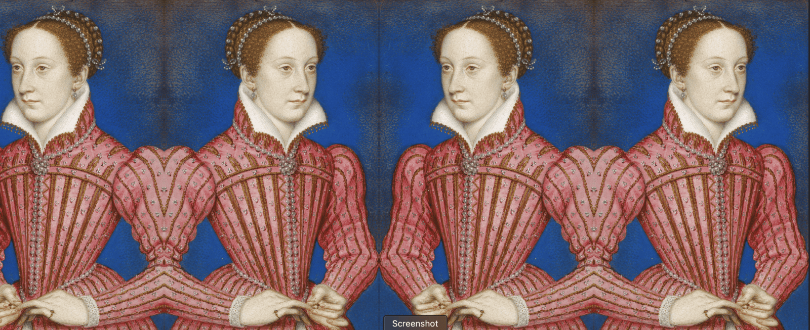 Four identical portraits of a woman in a pink Tudor dress with a high white collar, set against a blue background. The images are duplicated and arranged side by side.