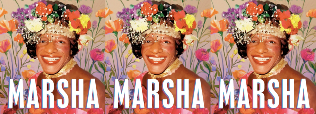 A smiling person wears a colorful flower crown and gold jewelry, set against a floral background. The word “MARSHA” is repeated below in bold white letters. The image appears three times side by side.