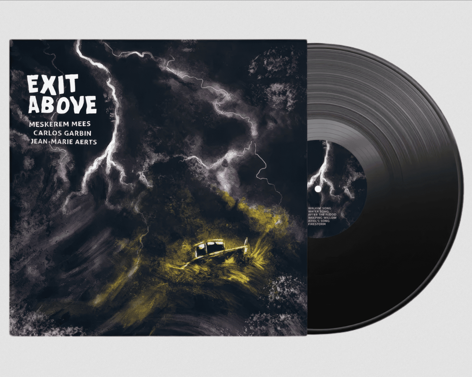 A vinyl record and its cover featuring a stormy, dark sky with lightning bolts and a yellow-lit car driving through a forest. The cover text reads “EXIT ABOVE” with artists’ names listed below.