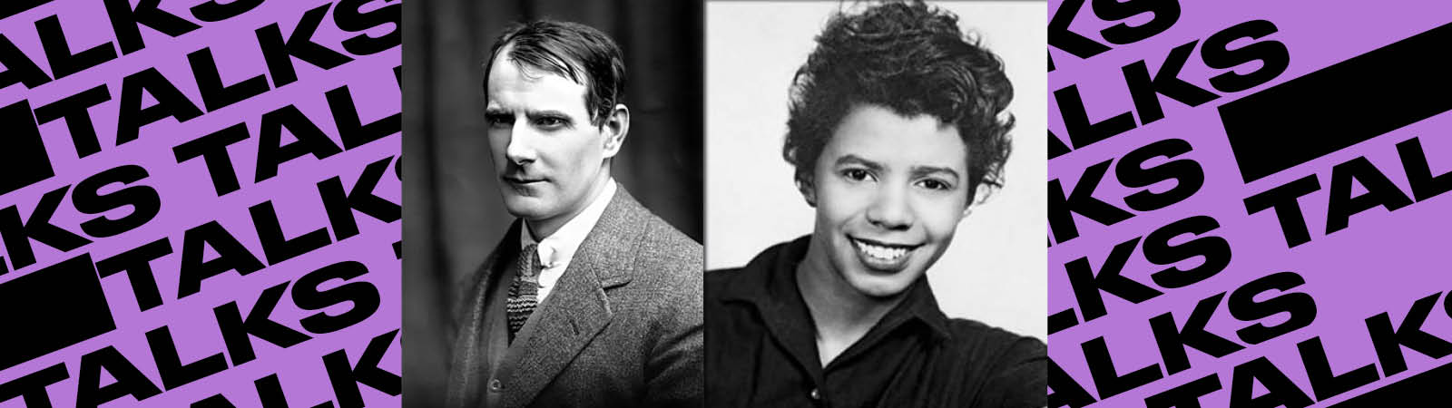 Two black-and-white portraits of individuals, one man in a suit and one woman smiling, are side by side on a purple background with the word “TALKS” repeated in bold black letters.