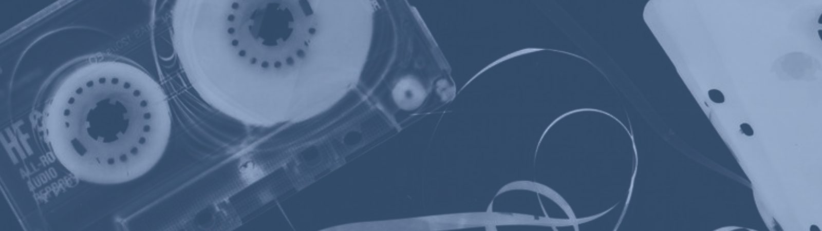 Two audio cassette tapes, one partly unraveled with tape exposed, are shown against a solid blue background.
