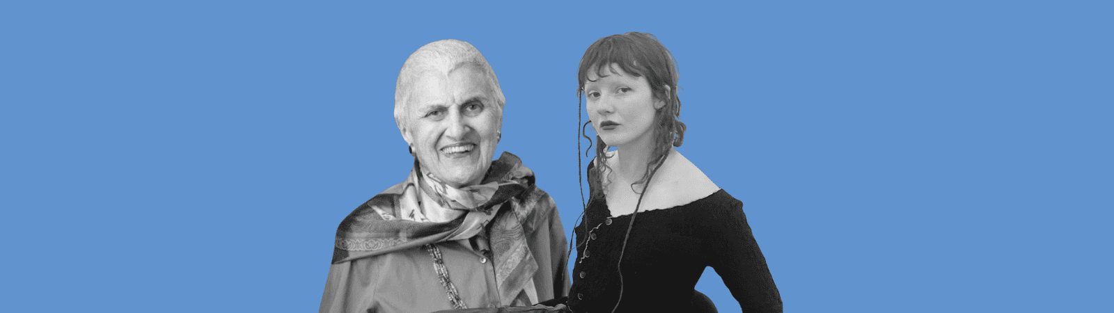 Two women, one elderly and smiling in a scarf, the other younger with red hair and a serious expression, sit side by side against a solid blue background.
