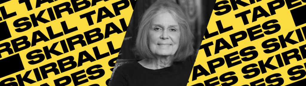 Black-and-white portrait of an older woman with shoulder-length hair, centered over a yellow background with diagonal black text repeatedly reading “SKIRBALL TAPES.”.