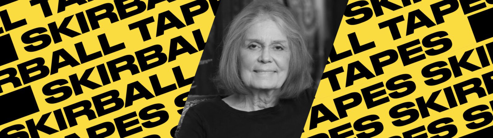 Black-and-white portrait of an older woman with shoulder-length hair, centered over a yellow background with diagonal black text repeatedly reading “SKIRBALL TAPES.”.