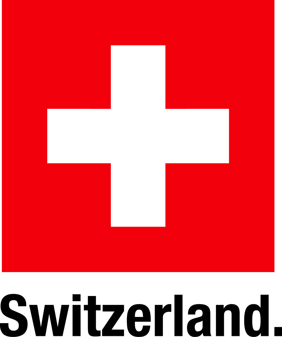The Swiss flag, a white cross on a red square background, with the word “Switzerland” written in bold black letters below.