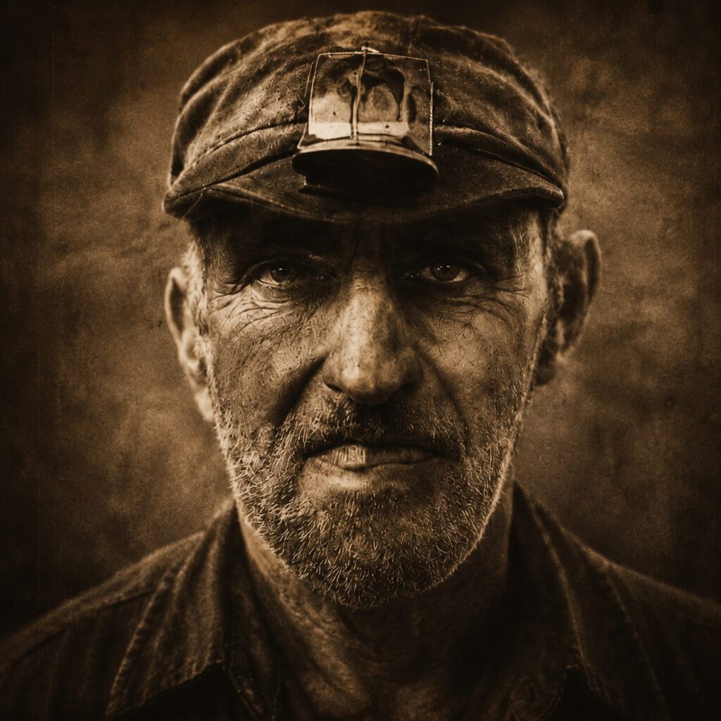 Sepia-toned portrait of a rugged, bearded man wearing a headlamp on a cap, with a serious expression and dirt-smudged face, suggesting he is a miner or laborer.