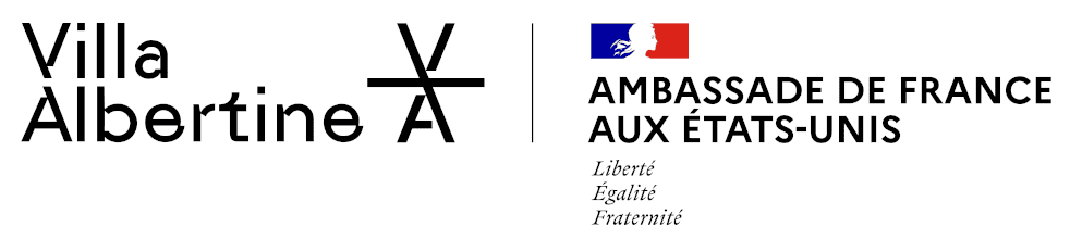 Logo with “Villa Albertine” on the left, a stylized “VA” symbol in the center, and “Ambassade de France aux États-Unis” with the French flag and “Liberté, Égalité, Fraternité” on the right.