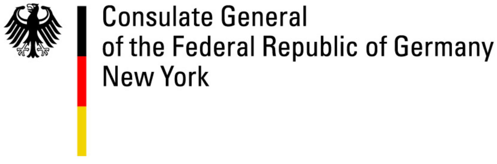 Logo of the Consulate General of the Federal Republic of Germany in New York, with a black eagle, black-red-yellow vertical stripes, and text in black letters.