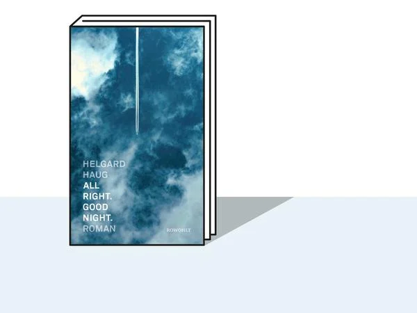 Book titled “All Right. Good Night. Roman” by Helgard Haug, featuring a cover with a photograph of a cloudy blue sky and a white vertical streak, set against a minimal, pale background.