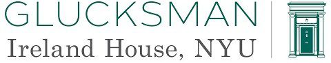 Logo for Glucksman Ireland House, NYU, featuring the name in green capital letters and a green illustration of a door with columns on the right side.
