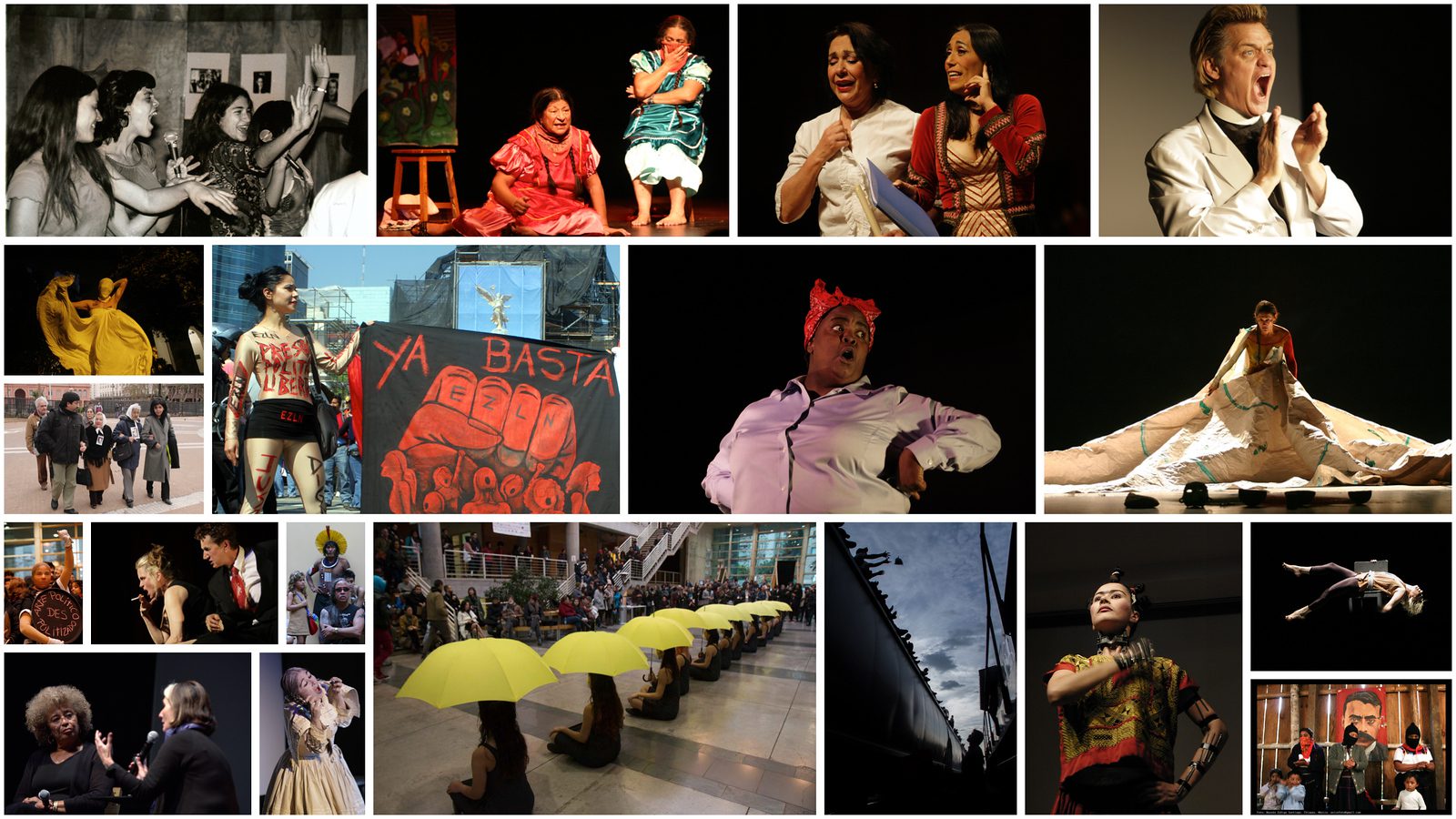 A collage of various theatrical performances, showcasing actors in costume, expressive poses, group scenes, dance, and dynamic stage moments from diverse productions.