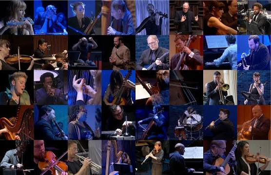 A collage of musicians and vocalists playing various instruments, including strings, brass, woodwinds, harp, piano, and singing, all captured in performance or rehearsal settings.