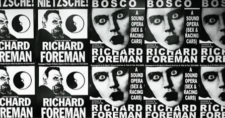 A collage of posters features bold faces, text like “RICHARD FOREMAN” and “WANTS YOU TO WAKE UP”, plus dramatic black-and-white close-ups and stylized graphics.