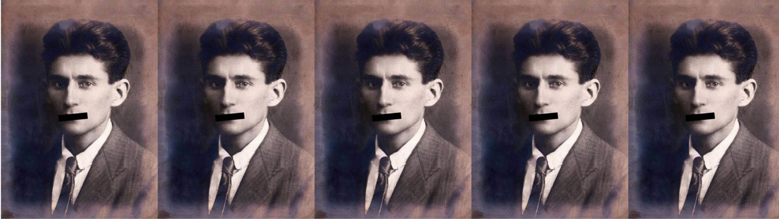 Five identical vintage portraits of a man in a suit, each with a black bar covering his mouth, are arranged side by side in a horizontal row against a muted background.