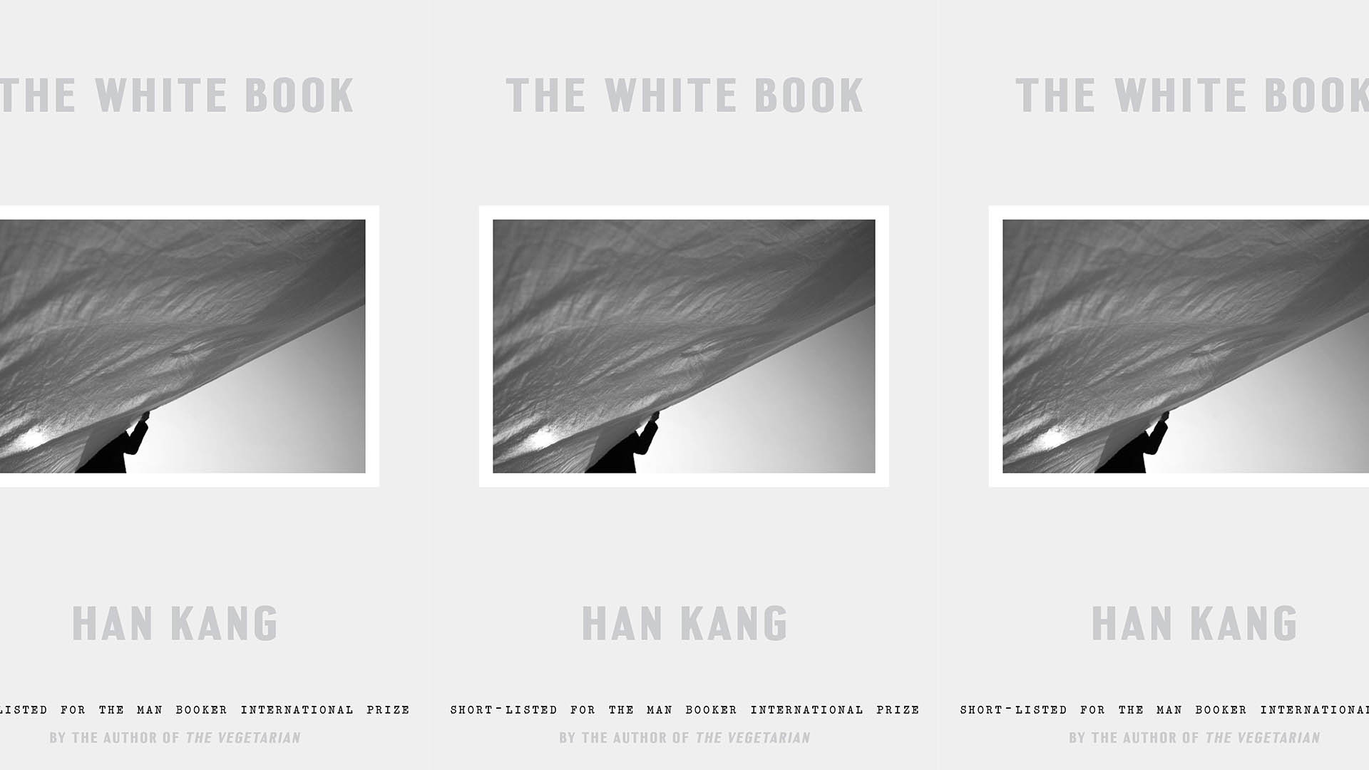 The cover of “The White Book” by Han Kang features a black-and-white photo of a person’s shadowy hand touching a billowing white sheet, with minimalist gray text on a pale background.