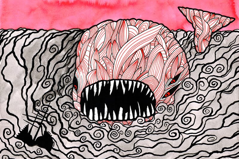 A massive, abstract whale with sharp teeth and swirling patterns emerges from stormy waves, its tail above water. A small, dark ship sails nearby under a red sky.