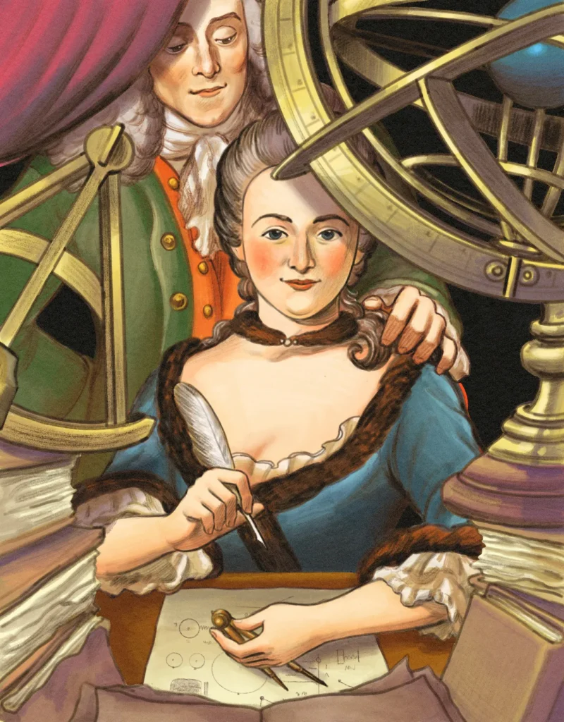 A woman in historical clothing writes with a quill at a desk covered in papers and books. A man stands behind her with his hand on her shoulder. An armillary sphere is beside them.