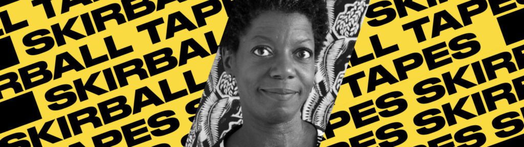 A black-and-white portrait of a woman is centered on a yellow background with bold black text that repeatedly says “SKIRBALL TAPES” in a diagonal pattern.