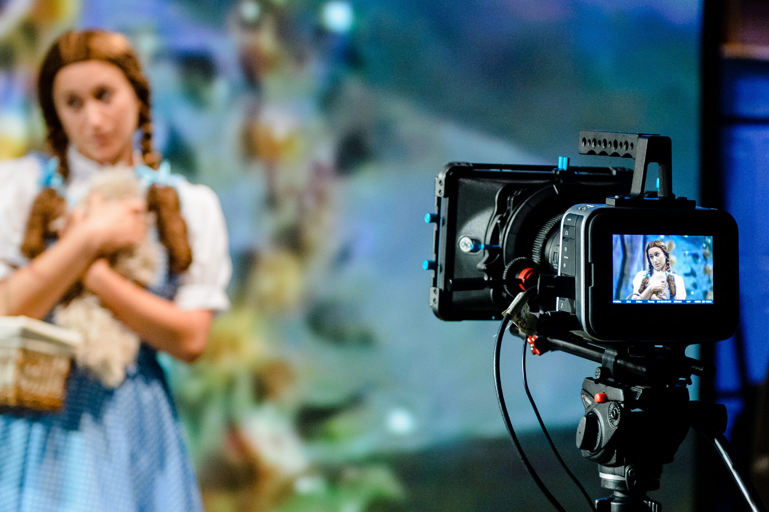 A camera films a woman dressed in a blue gingham dress and pigtails, holding something to her chest, with her blurred figure in the background and her image clear on the camera screen.