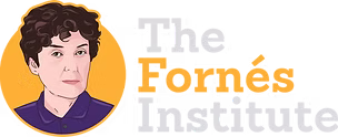 Illustration of a person with short curly hair next to text reading “The Fornés Institute,” with “Fornés” highlighted in orange and the other words in gray.