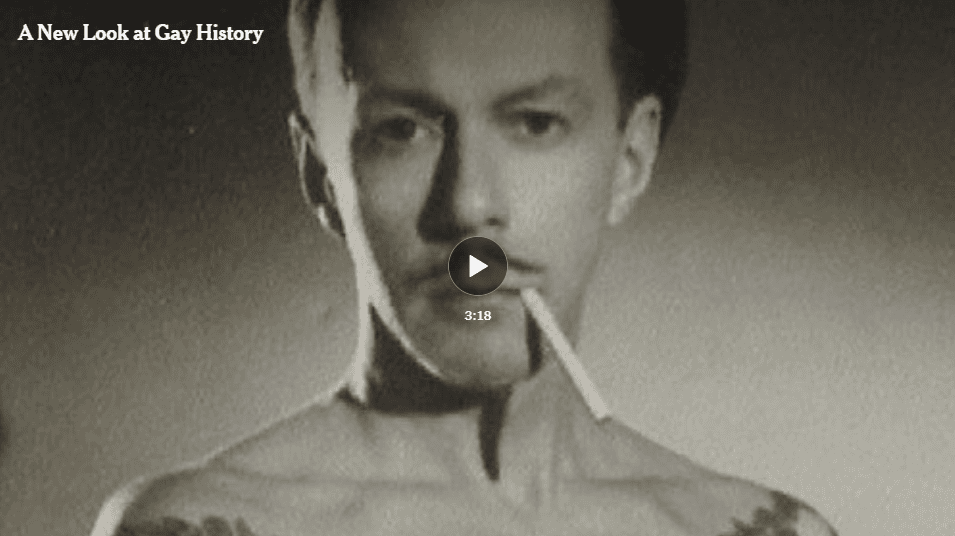 A black-and-white photo of a person with a cigarette held in their mouth, looking at the camera. Text in the top left reads “A New Look at Gay History.” A play button and video length of 3:18 are visible.